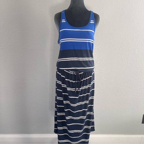 Athleta Dresses & Skirts - Athleta Blue Striped Racerback Midi Dress Drawstring Waist Size S